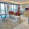 a living room with a couch and a table
