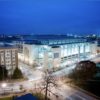 a large building with lights on