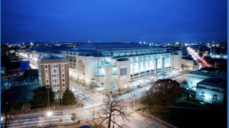 a large building with lights on