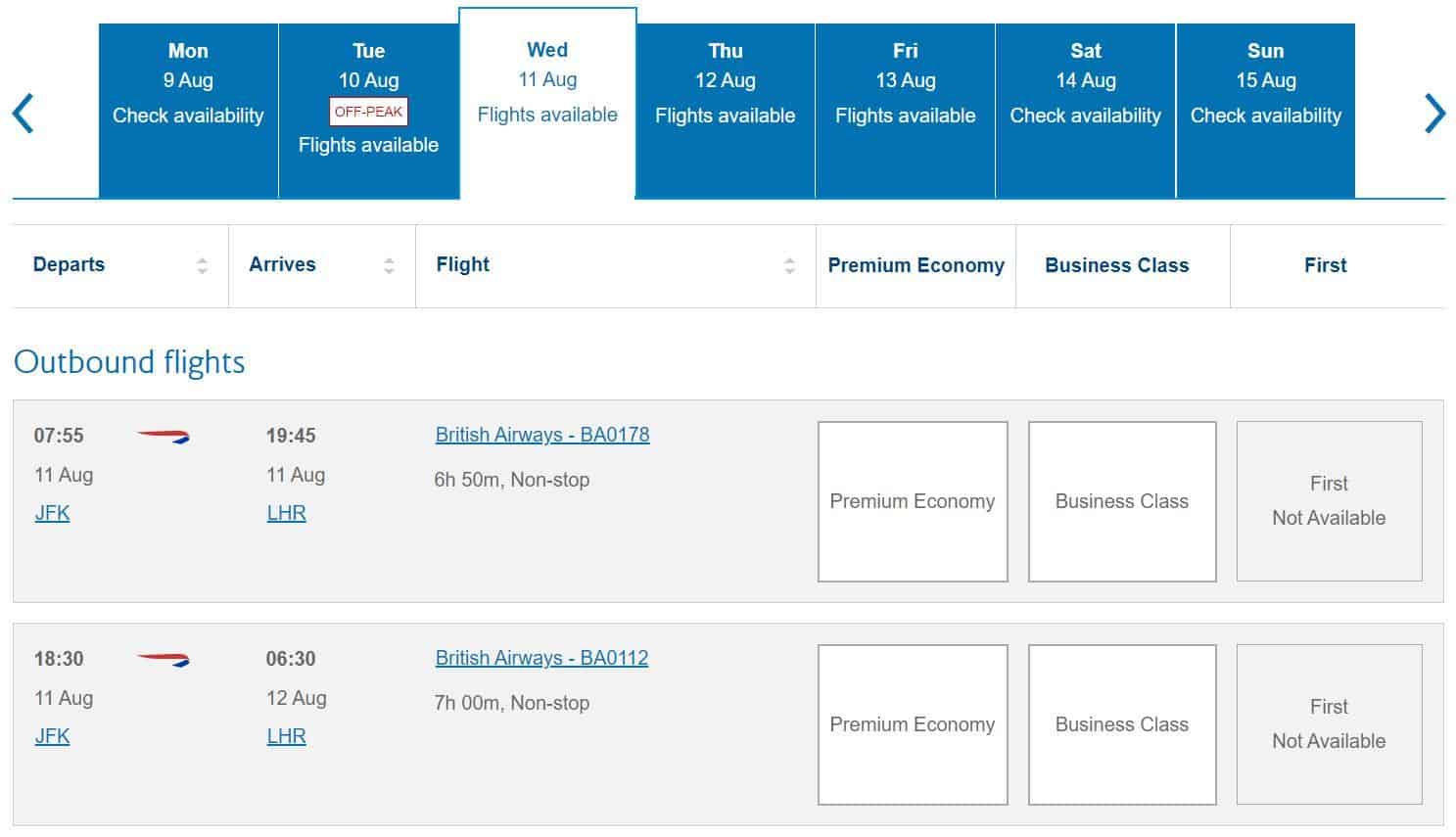 a screenshot of a flight schedule