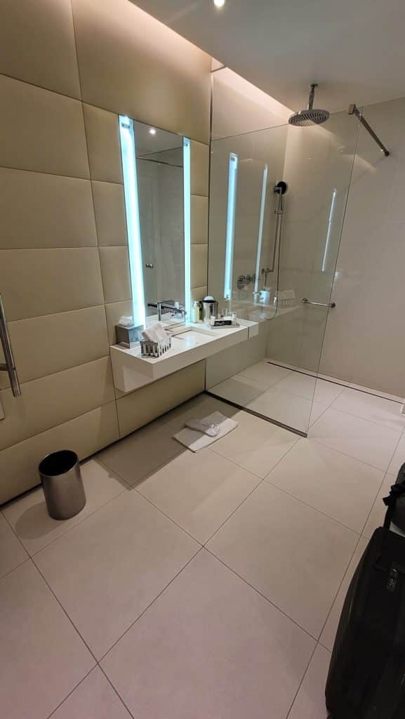 a bathroom with a mirror and a shower