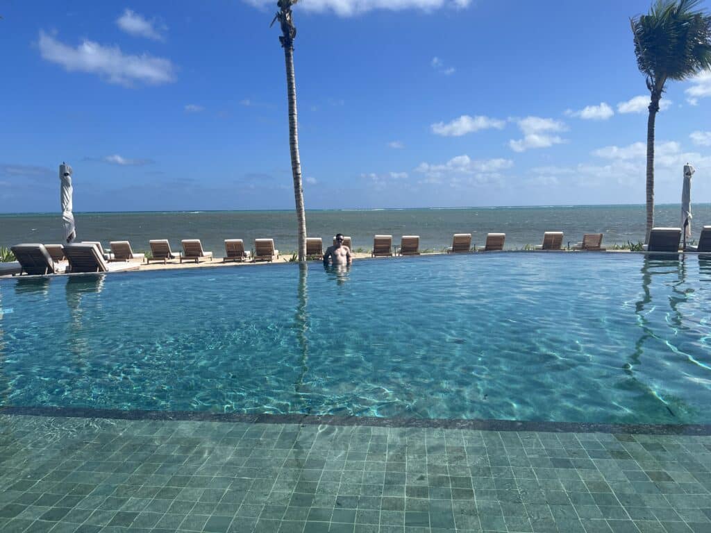 a person in a pool with a palm tree