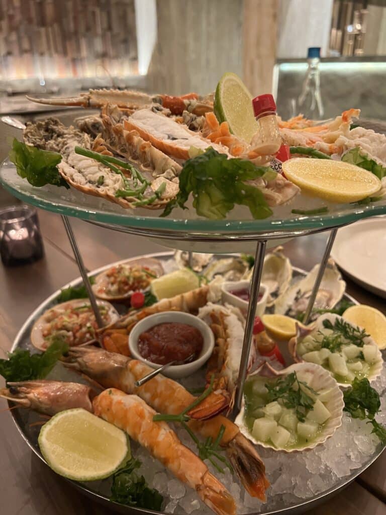 a plate of seafood on a table