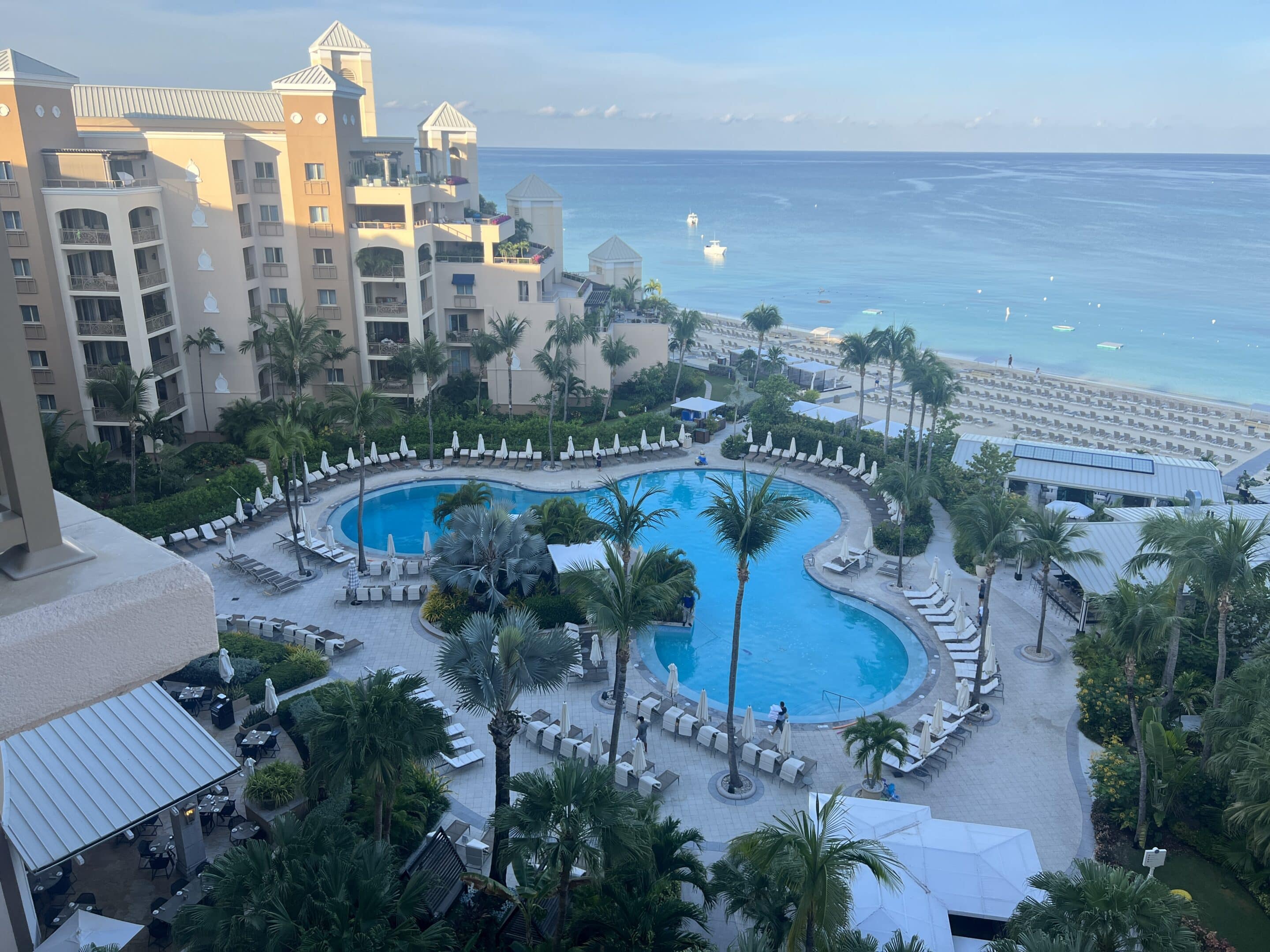 a swimming pool with palm trees and a beach