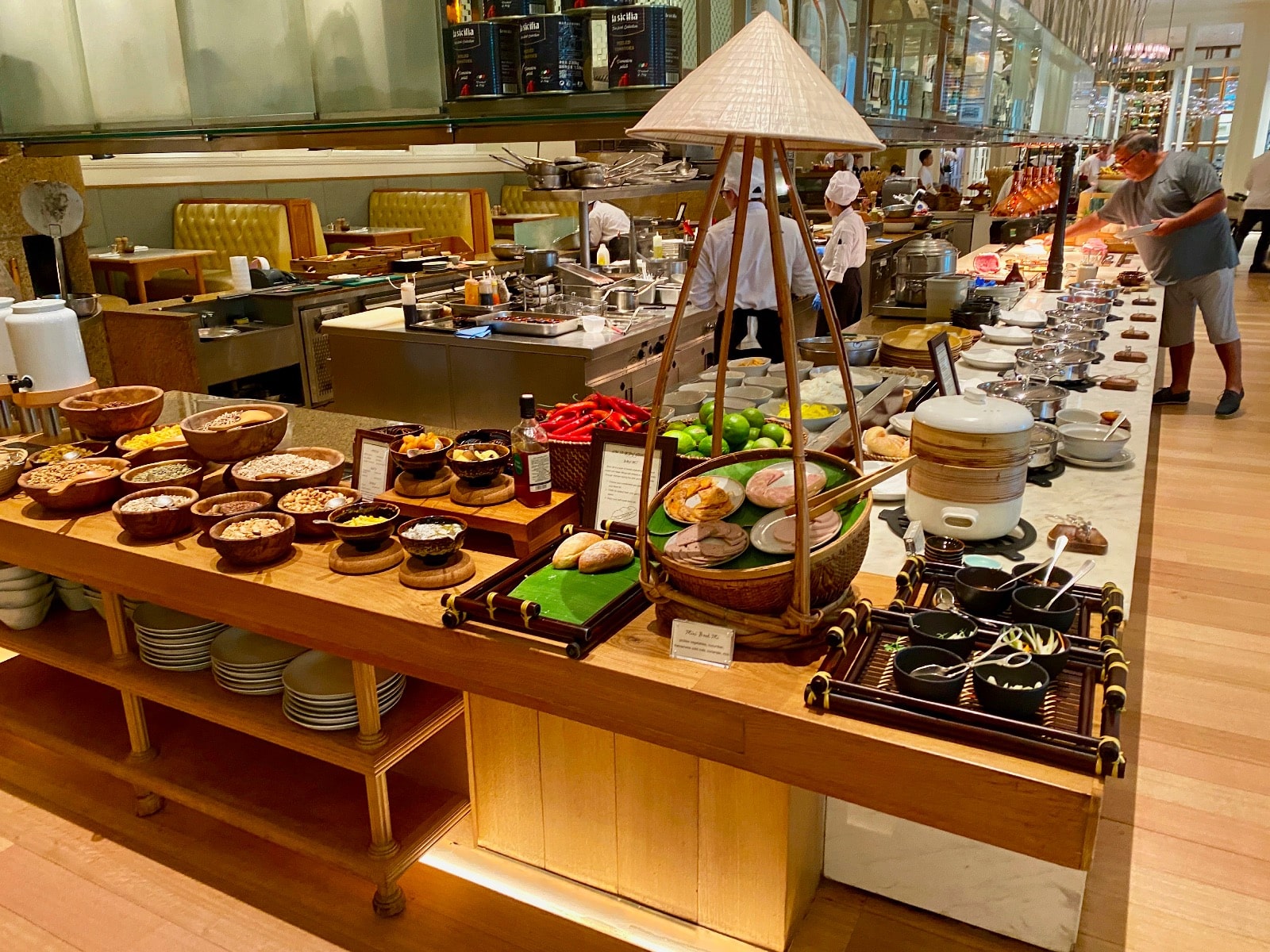 a buffet table with food on it