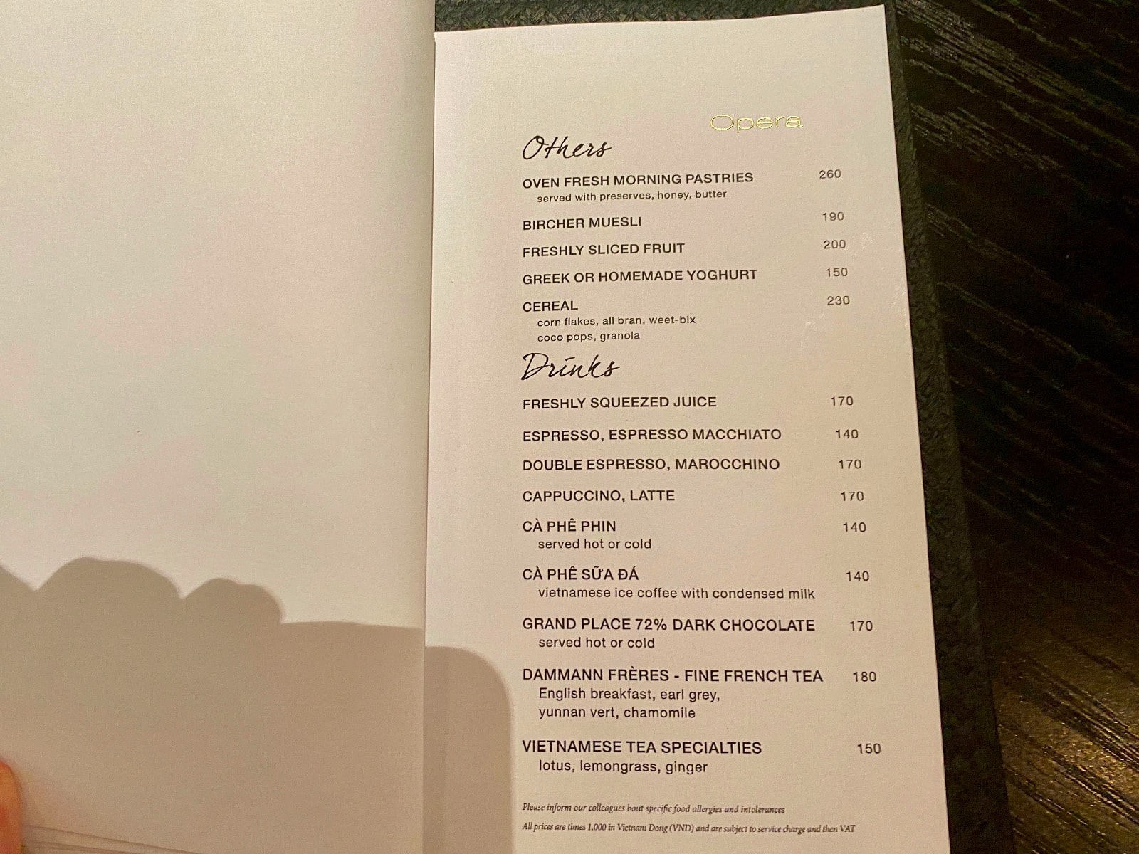 a menu in a book