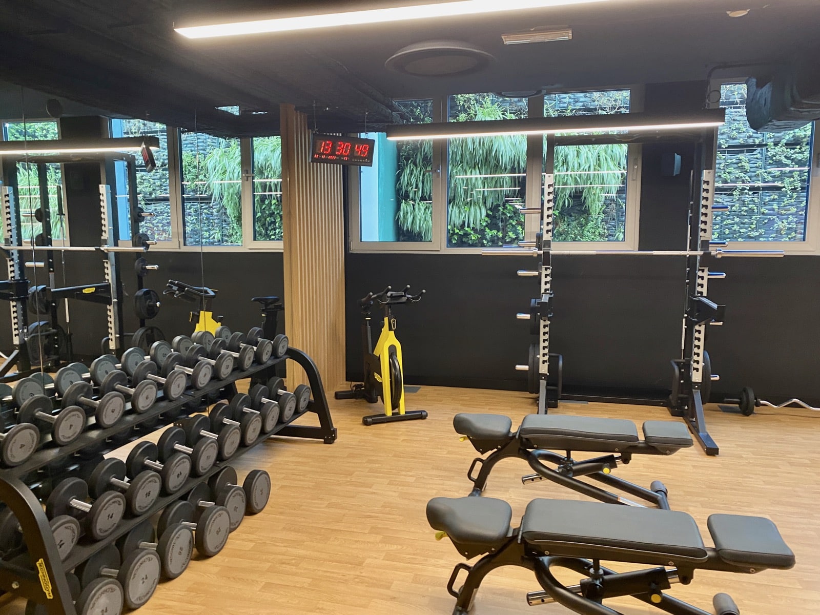 a room with weights and exercise equipment