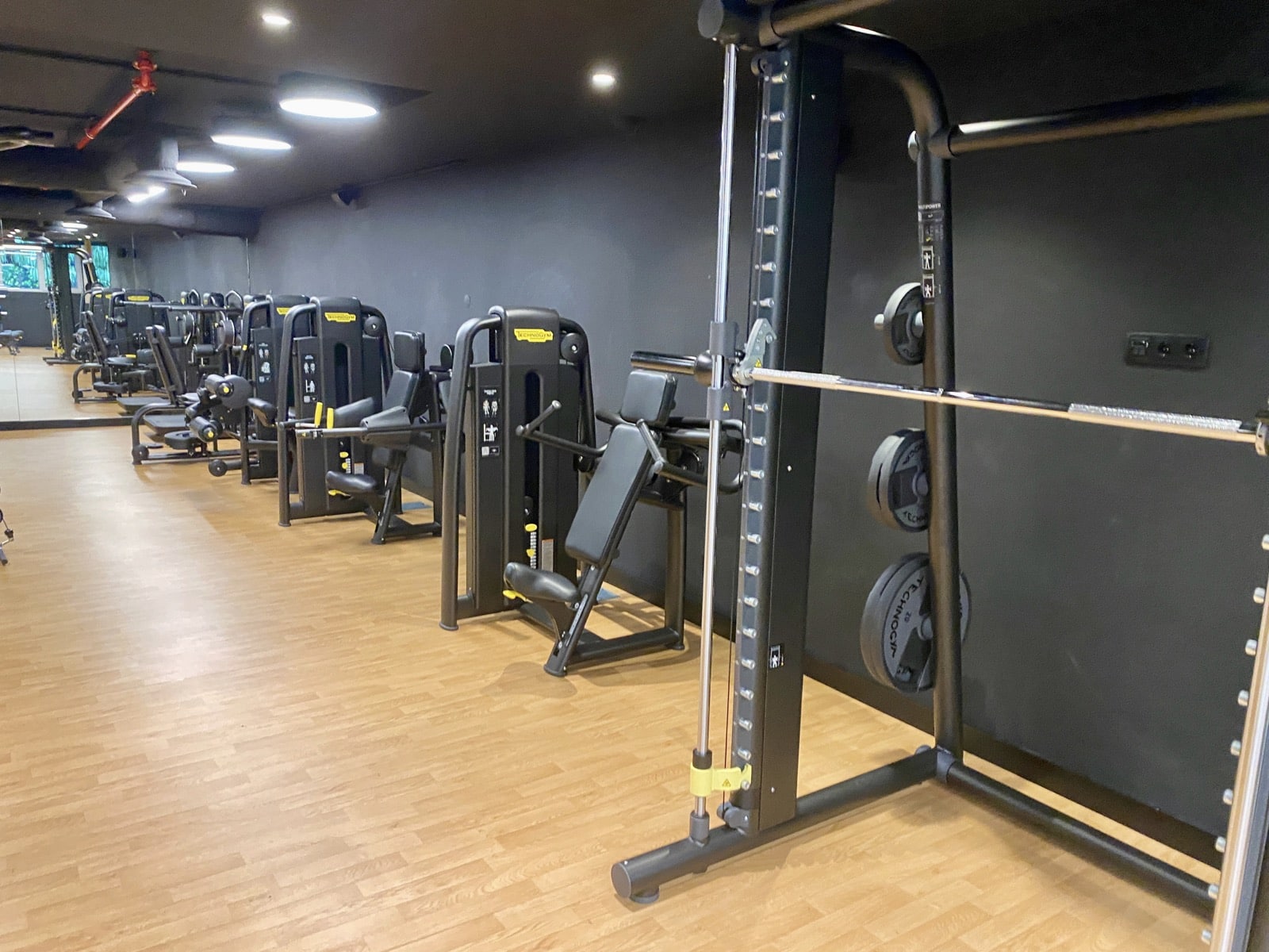 a row of gym equipment