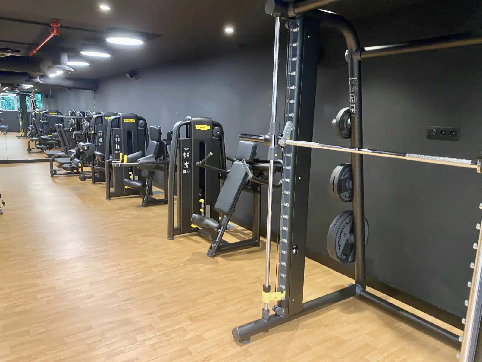 a row of gym equipment
