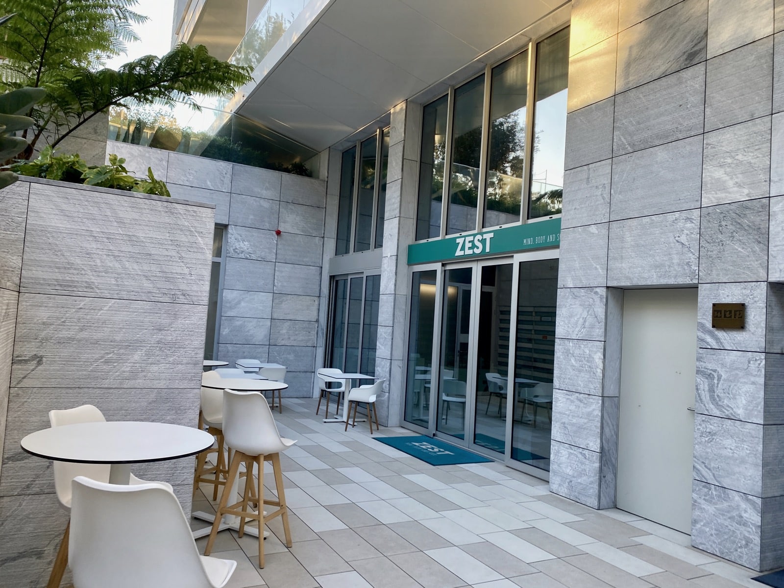 a building with tables and chairs