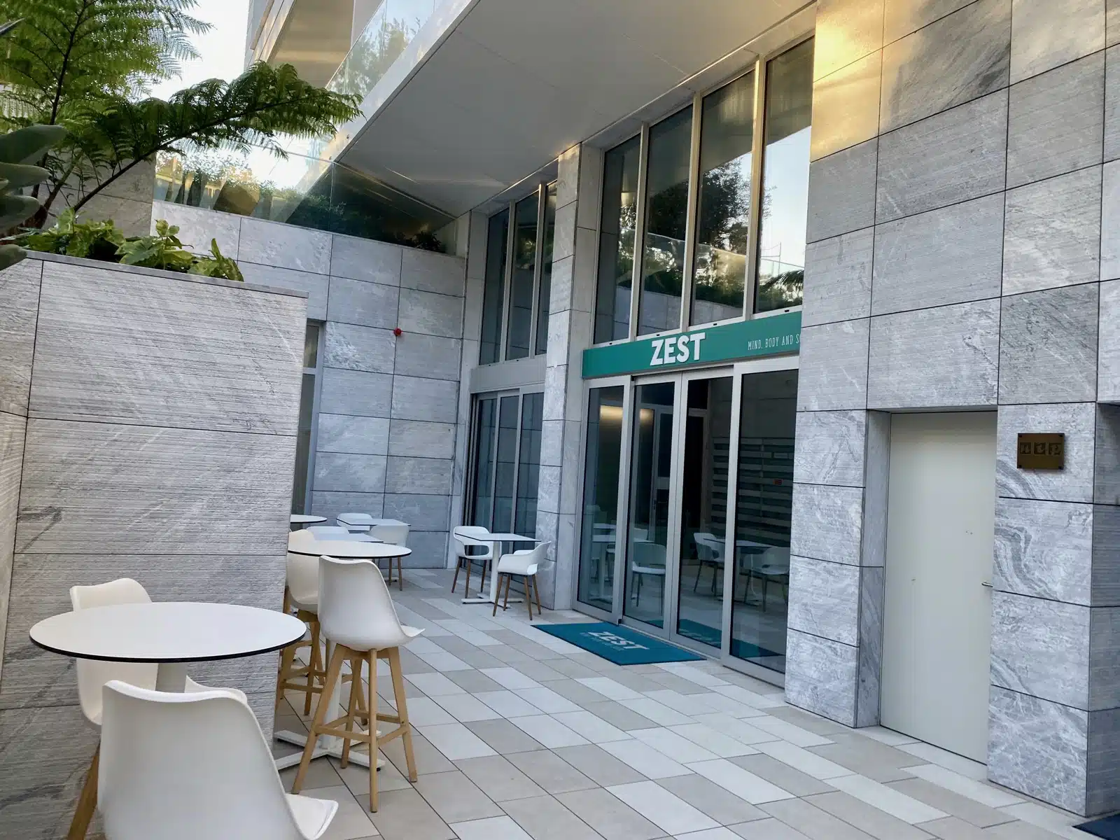 a building with tables and chairs