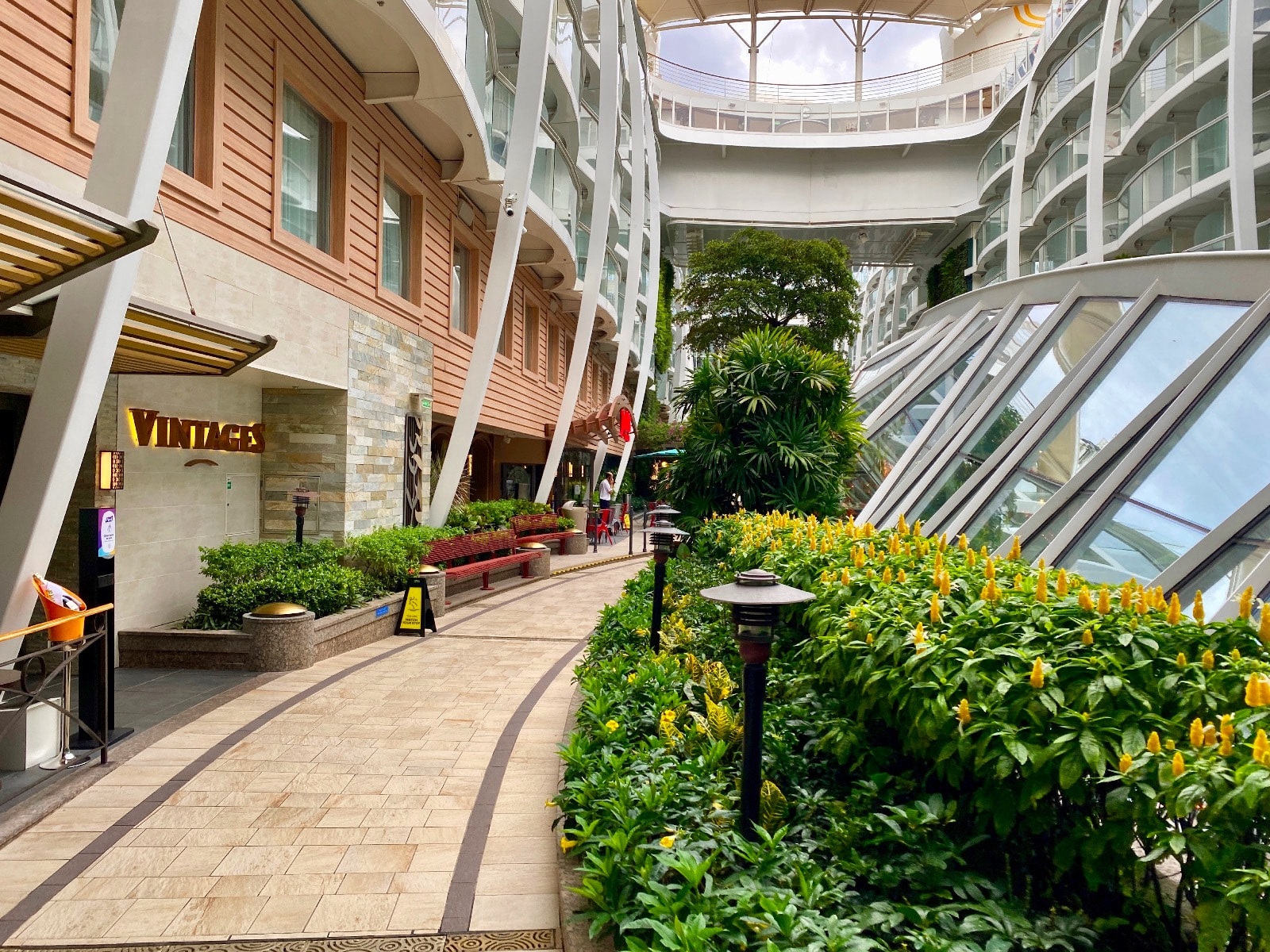 a walkway with plants and a walkway in a building