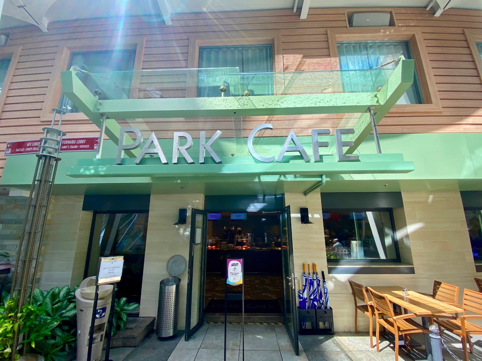 a building with a green awning