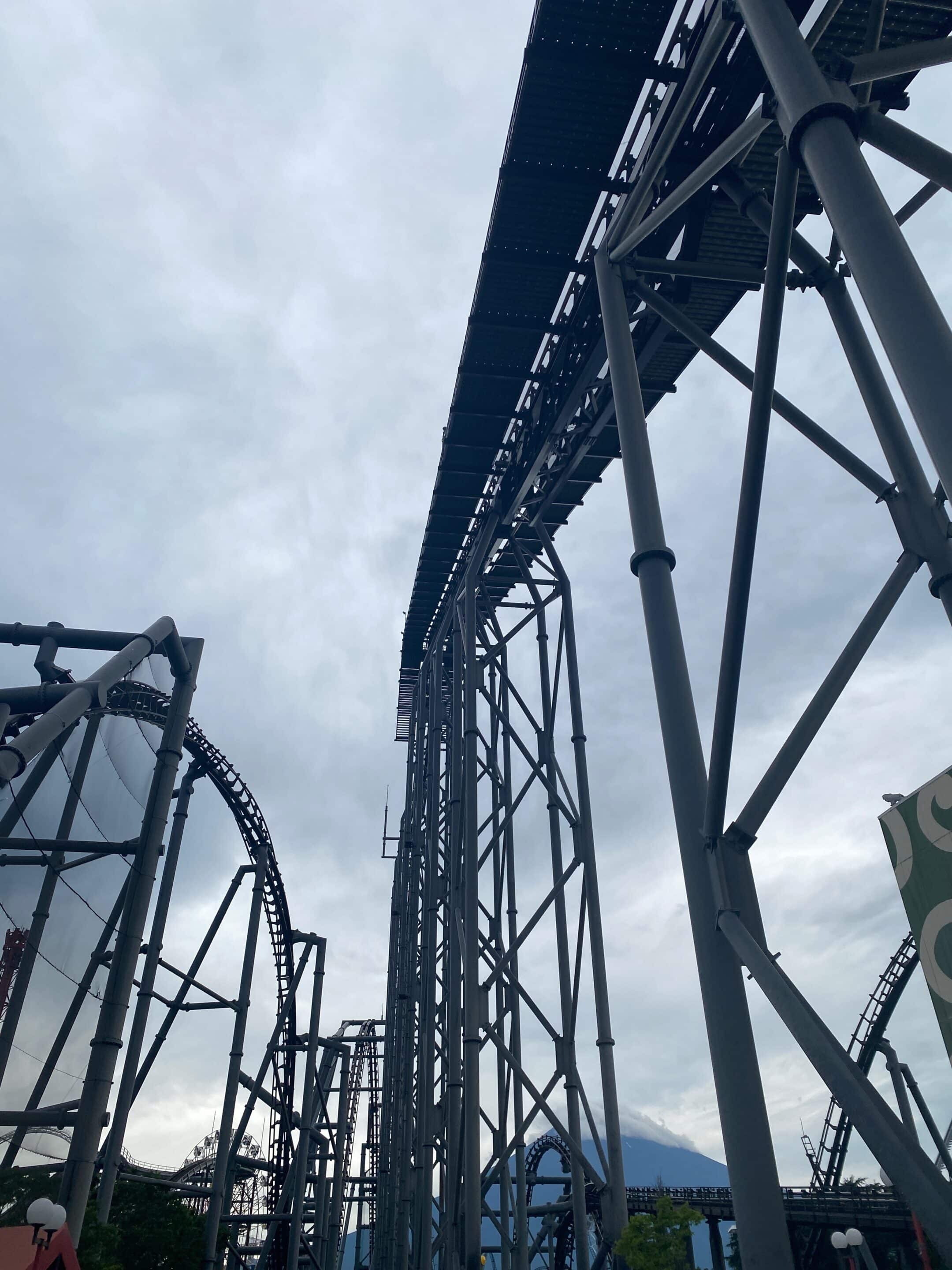 a roller coaster track with a cloudy sky