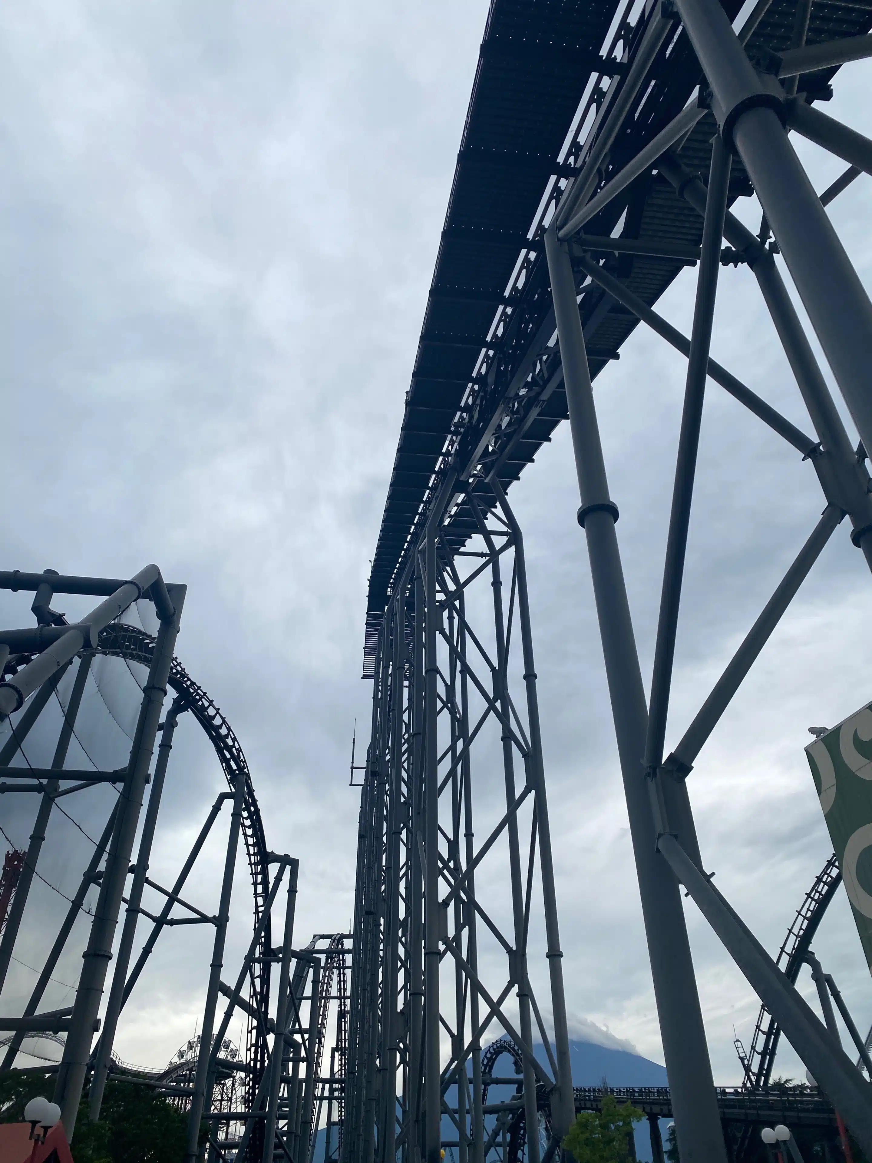 a roller coaster track with a cloudy sky